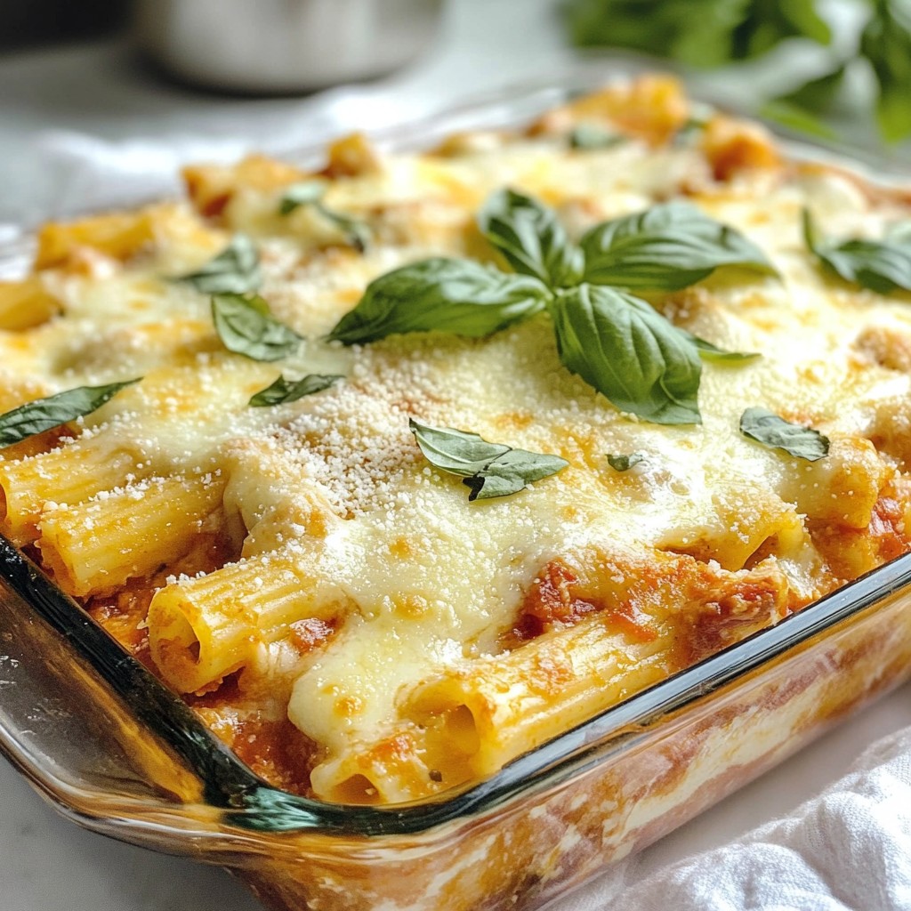 Creamy Three-Cheese Chicken Baked Ziti Delight